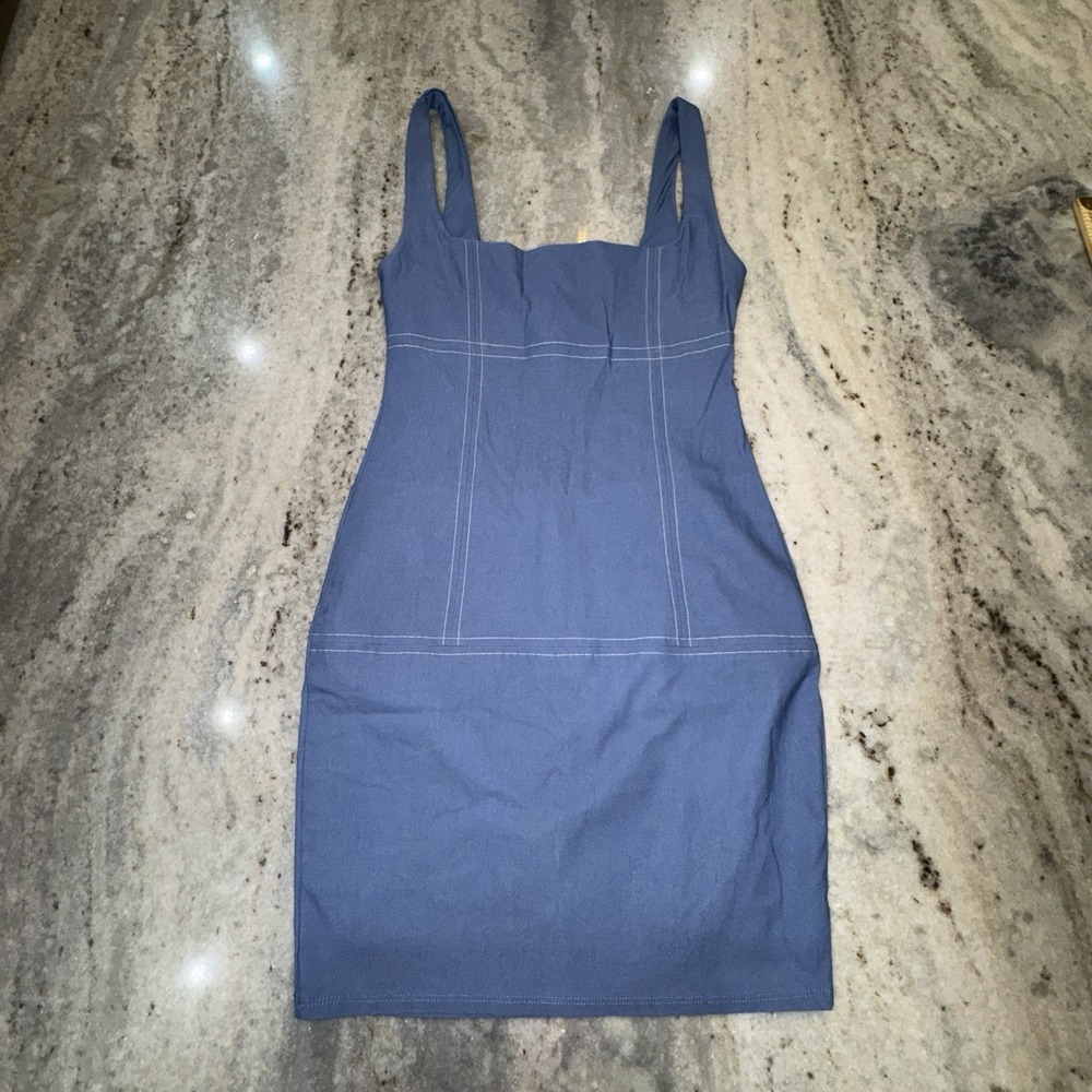 Blue Blush Mini Body Con Dress Wide Strap Stitching Western Party Club Sz Large